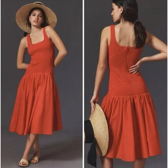 Hutch Sleeveless Smocked Drop-waist Midi Dress Red Petite Large - Picture 2 of 9